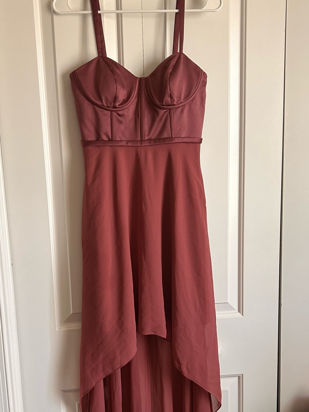 David's Bridal Dusty Rose High-Low Bustier Dress